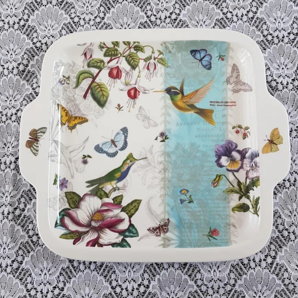 Portmeirion Botanic Hummingbird Ceramic Square Handled Tray for Serving Decorati